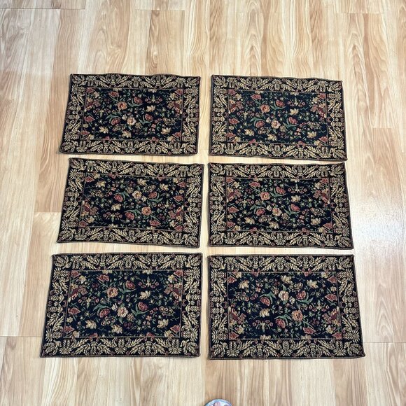 Floral Tapestry Placemats Black Park B Smith Lot of 6 Cotton Blend India - Picture 7 of 7